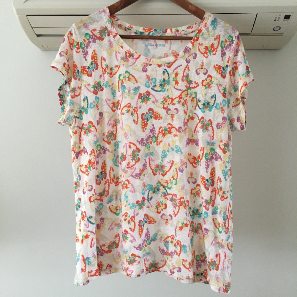 Zadig & Voltaire linen butterfly print T sz large